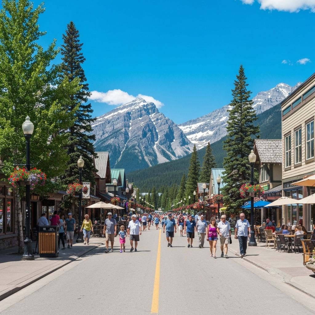Banff Avenue main street with Rocky Mountain backdrop