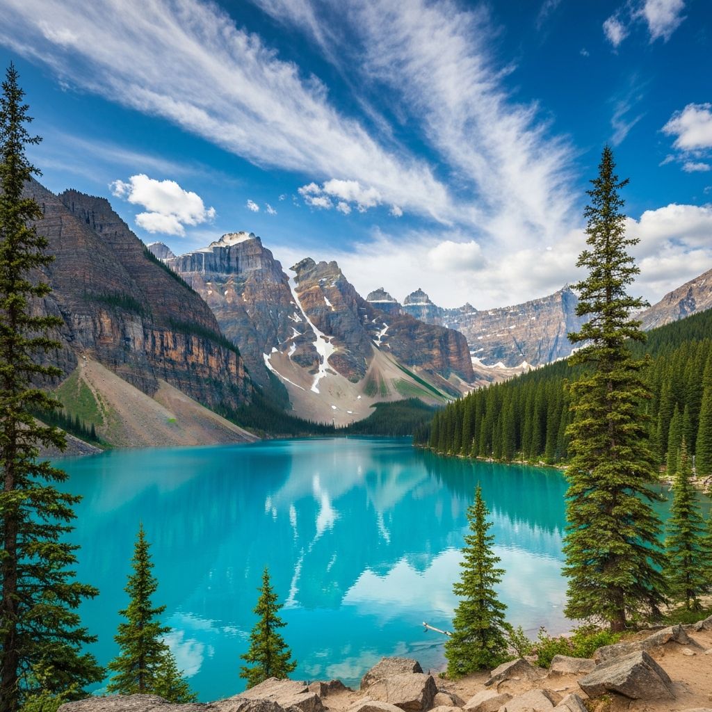 Turquoise lake surrounded by Rocky Mountain peaks in Banff