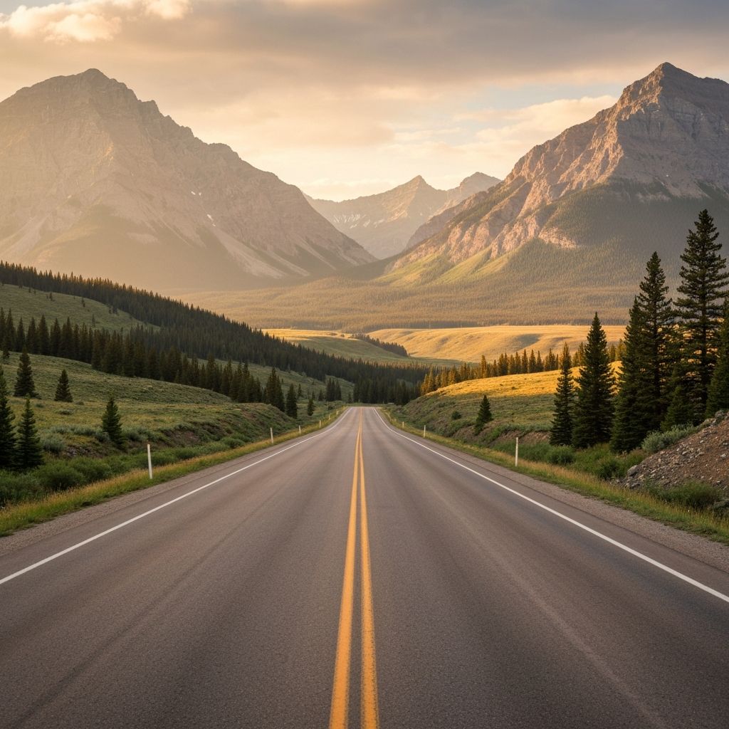 Scenic highway heading toward the Canadian Rocky Mountains